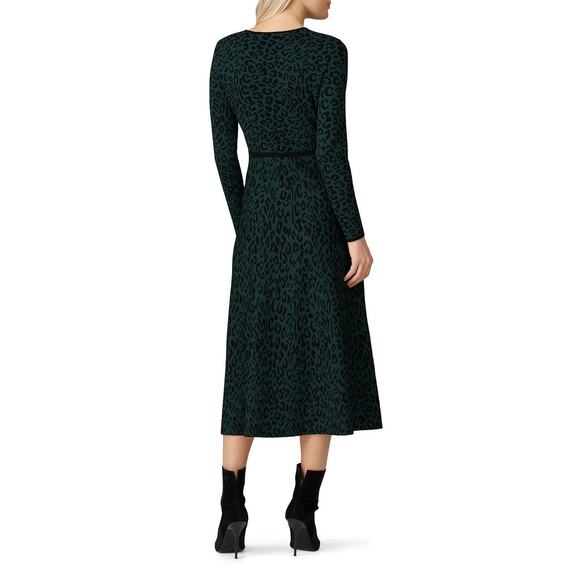 GREAT JONES Forest Green Leopard Jacquard Knit V-Neckline Hourglass Dress sz XS - Picture 12 of 15